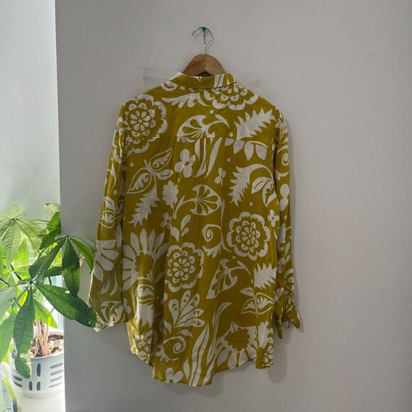 Boden Yellow Floral Print Linen Button Up Top Size 12 Long - Picture 7 of 7